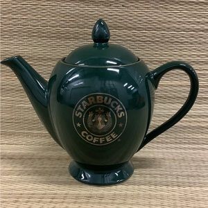 Vintage Starbucks Teapot Dark Green with Gold Lettering Siren Mermaid